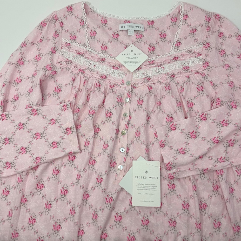 Eileen West Womens Pink Floral Cotton Jersey Long Sleeve Nightgown Size Small